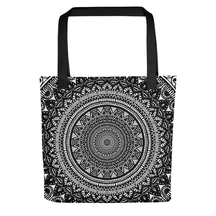 Black and white mandala tote bag with Mehndi-inspired design, printed on both sides, 15 x 15 inches