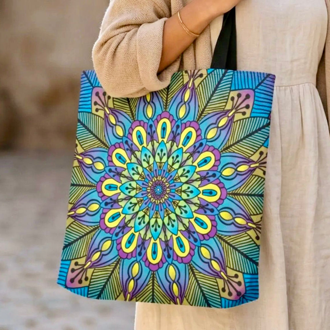 close up of bohemian tote bag with colorful mandala pattern showing detailed print and vibrant colors