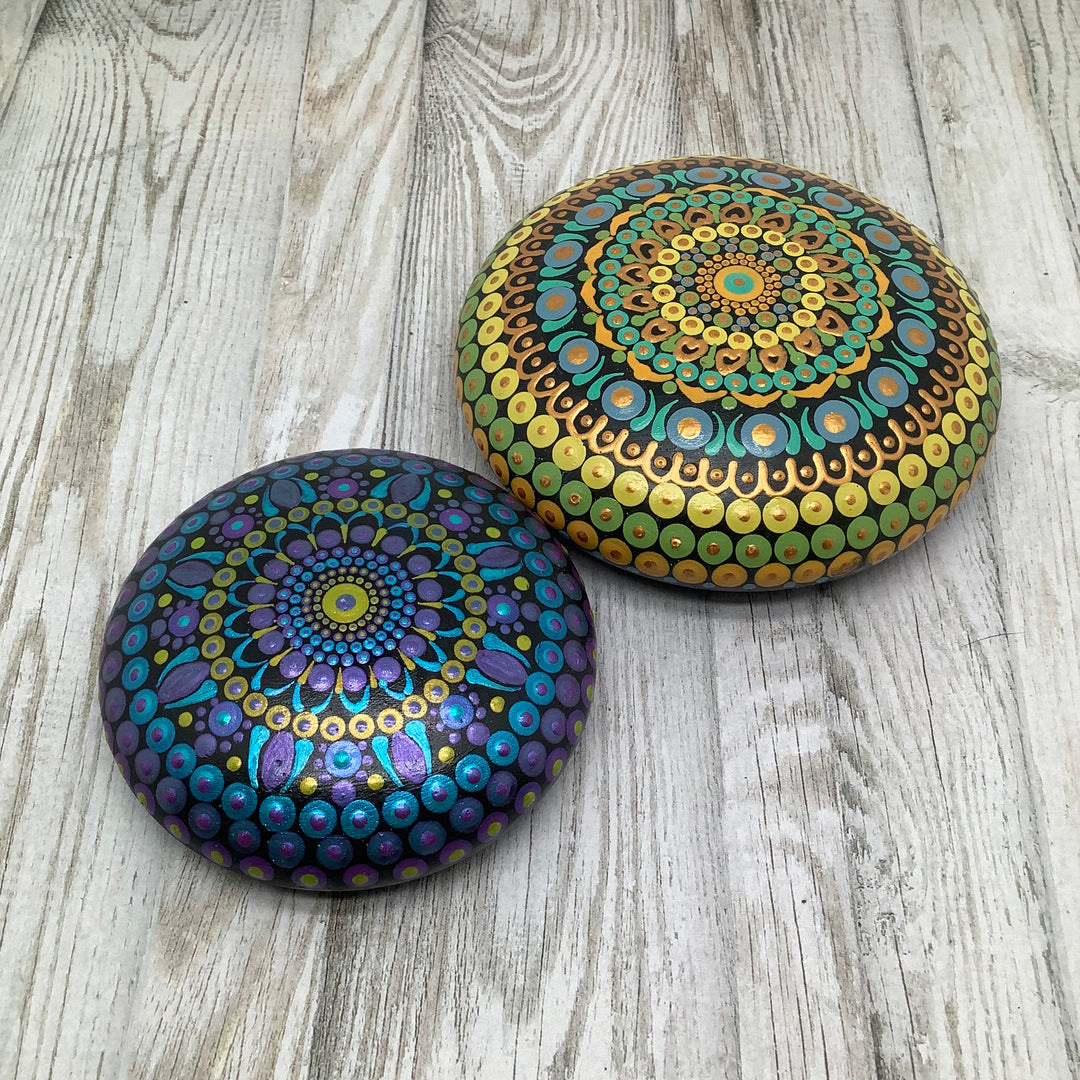 hand painted mandala stone in gold turquoise and purple small