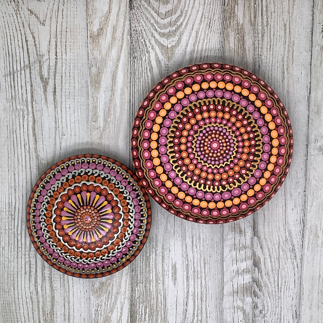 hand painted mandala stone in pink orange and silver small