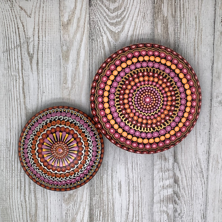 hand painted mandala stone in pink orange and silver small