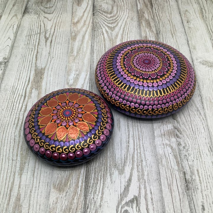 mandala meditation rock in copper pink and purple