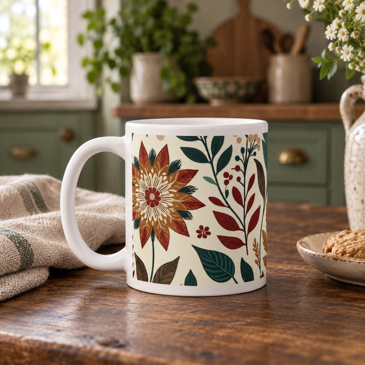 11 oz vintage floral ceramic mug with rust and green botanicals on a wooden table beside biscuits.