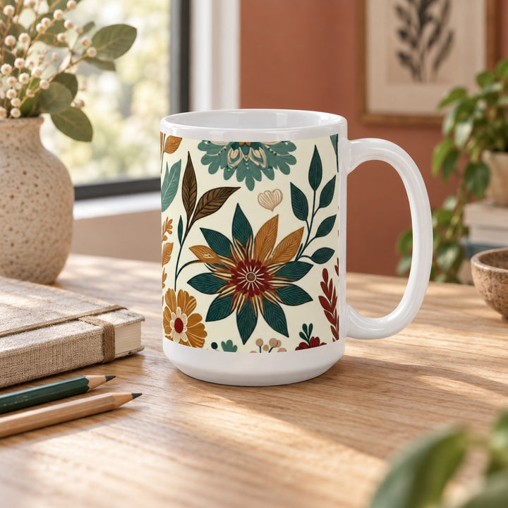 15 oz vintage botanical mug with green and ochre flowers on an oak desk beside a sketchbook and pencils.