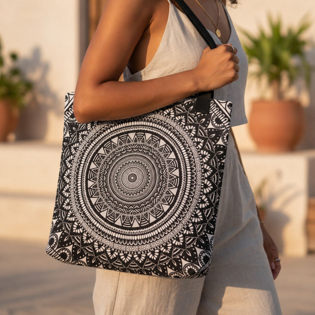 White and black tote bag with detailed mandala boho print worn by a model
