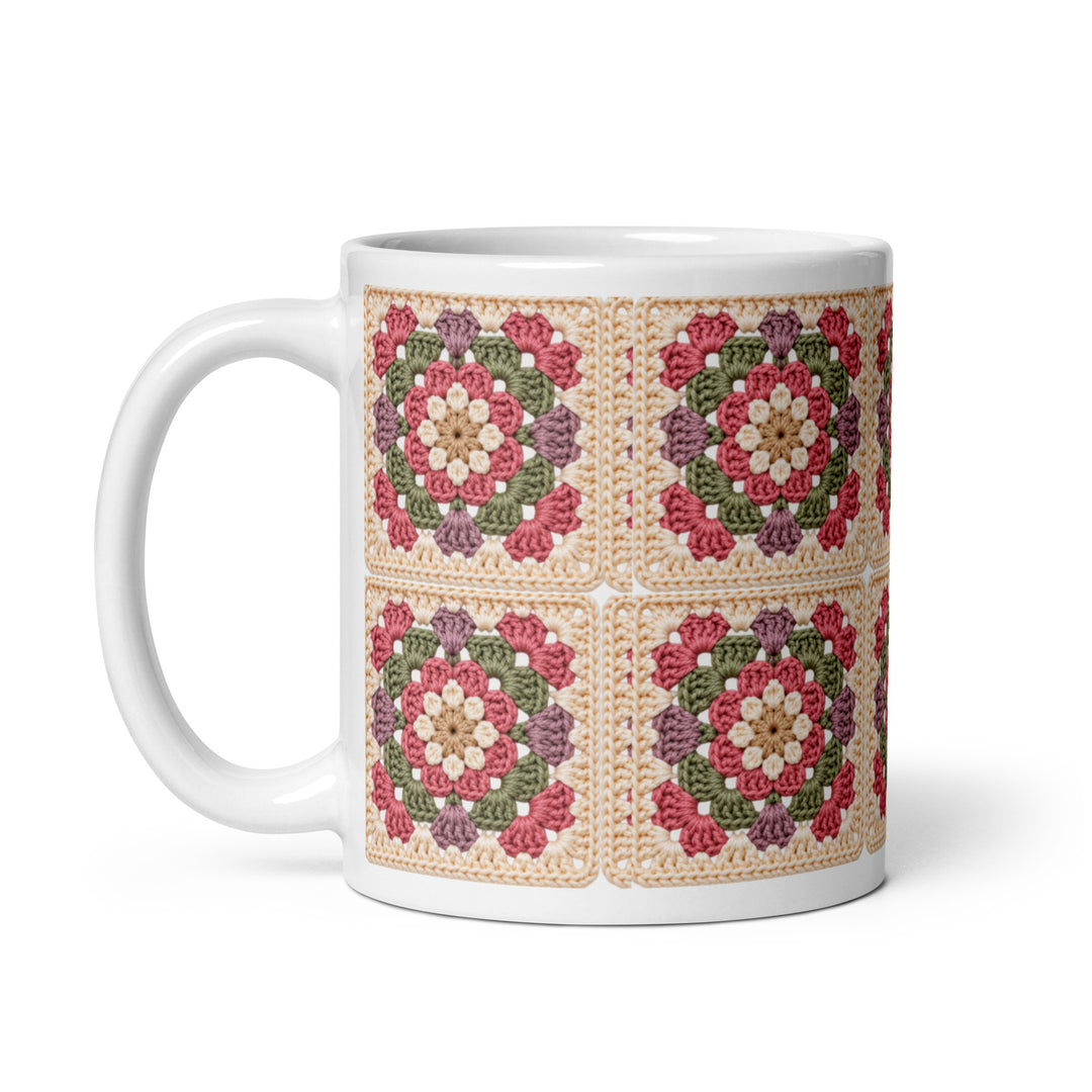 Keramische granny square mok van 11 oz met oor links, in oudroze en saliegroen