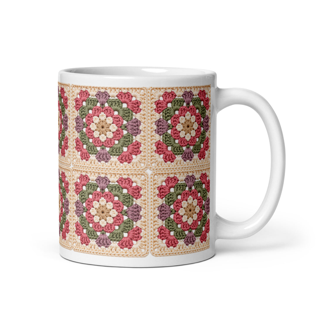 Keramische granny square mok van 11 oz met oor rechts, in oudroze en saliegroen