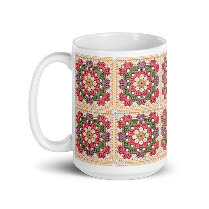 Keramische granny square mok van 15 oz met oor links, in oudroze en saliegroen