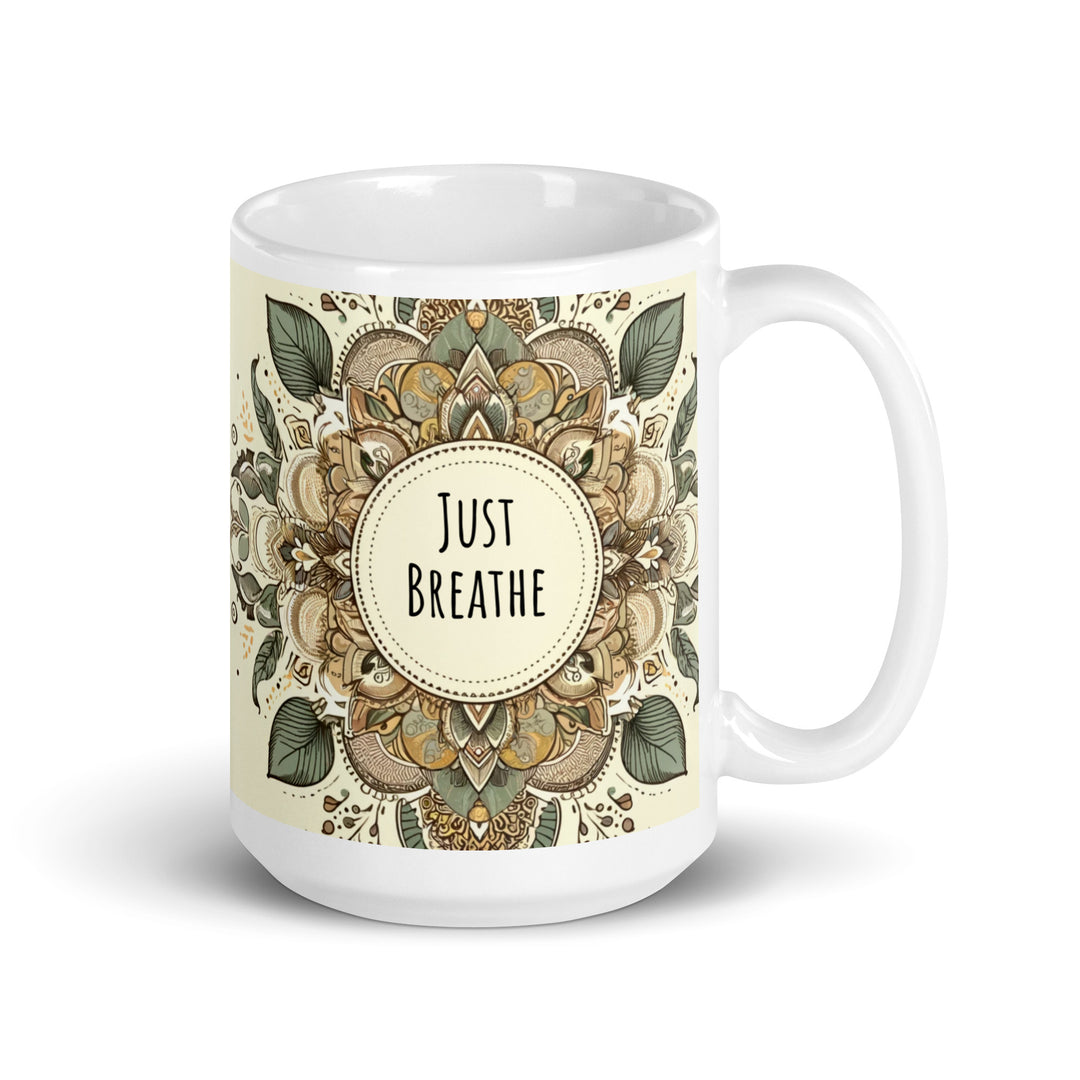 White glossy ceramic mug with a Just Breathe mandala design in beige, sage green, brown and muted gold tones, printed on both sides.