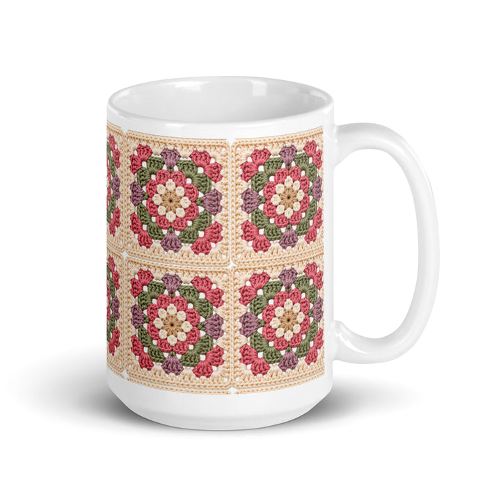 Keramische granny square mok van 15 oz met oor rechts, in oudroze en saliegroen