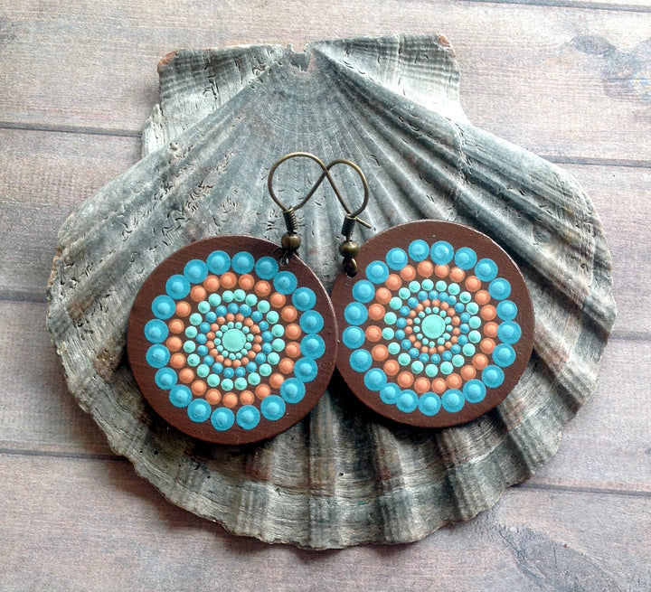 Mandala Oorbellen Dotgeschilderd Blauw- Oranje