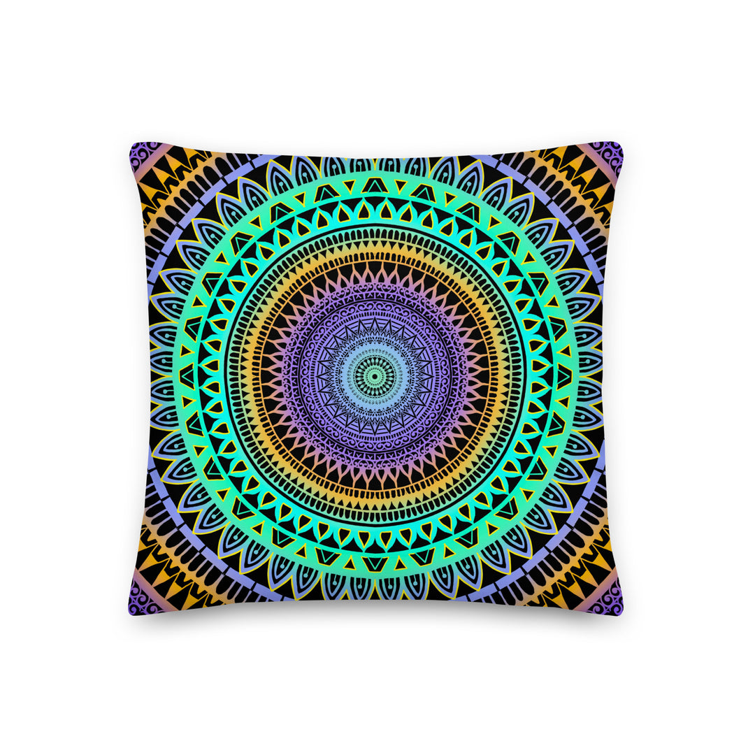 Minty Elegance: Levendig Mandala-sierkussen in mintgroen, paars en geel