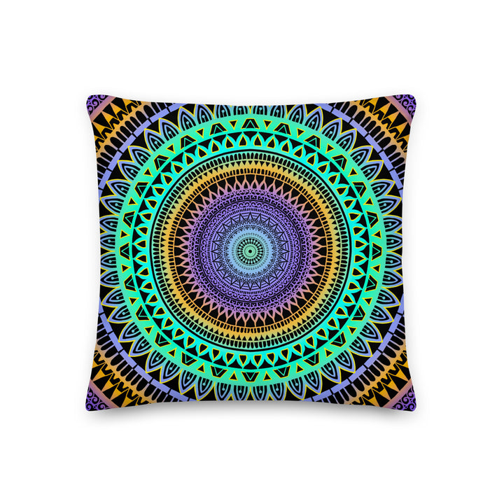 Minty Elegance: Levendig Mandala-sierkussen in mintgroen, paars en geel