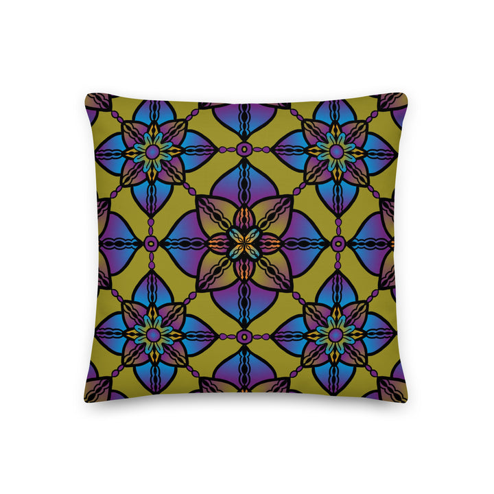 Vibrant Harmony: Caleidoscoop Mandala sierkussen in paars, blauw en geel