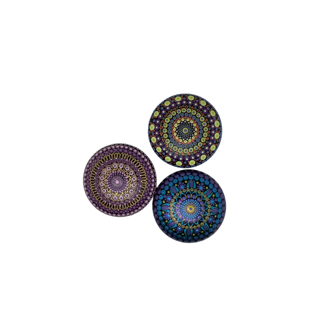 Purple Mandala Stone – Hand Painted Spiritual Decor with Gold Dot Accents