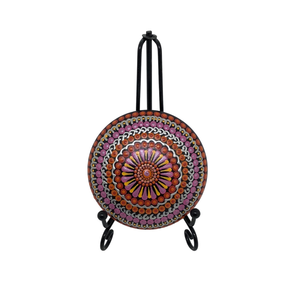 hand painted mandala stone in pink orange and silver small