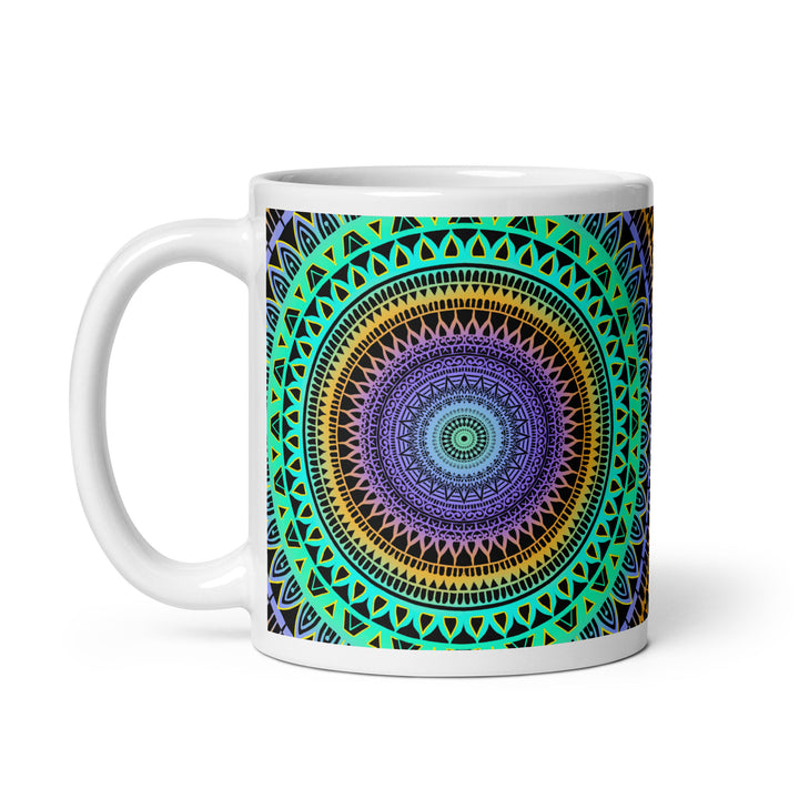 Minty Elegance: Vibrant Mandala Mug in Mint Green, Purple & Yellow