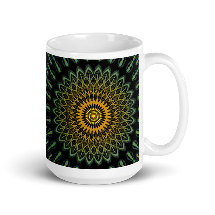 Garden Charisma: groene en gele mandala verfraaide mok