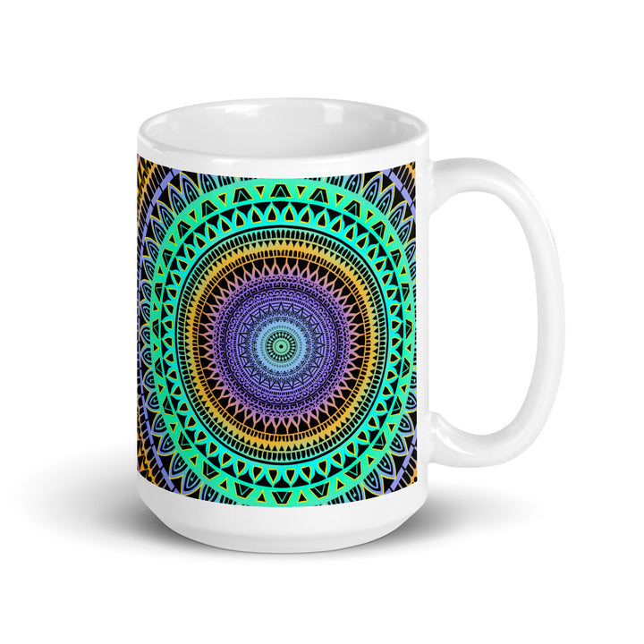 Minty Elegance: Vibrant Mandala Mug in Mint Green, Purple & Yellow